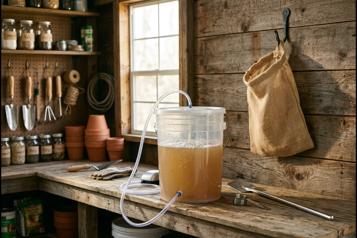Clean sanitized compost tea brewer tank with burlap steeping sack in garden shed